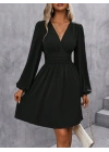 Kadın Uzun Kollu Kruvaze Yakalı Bel Korsajlı Mini Elbise