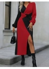 Kadın Uzun Kollu Kruvaze Yakalı Belden çapraz Detaylı çift Renkli Midi Ithal Krep Elbise