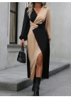 Kadın Uzun Kollu Kruvaze Yakalı Belden çapraz Detaylı çift Renkli Midi Ithal Krep Elbise