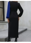 Kadın Uzun Kollu Kruvaze Yakalı Belden çapraz Detaylı çift Renkli Midi Ithal Krep Elbise
