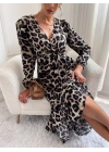 Kadın Uzun Kollu Kruvaze Yakalı Belden Kuşaklı Leopar