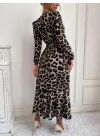 Kadın Uzun Kollu Kruvaze Yakalı Belden Kuşaklı Leopar
