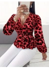 Kadın Uzun Kollu Kruvaze Yakalı Belden Kuşaklı Leopar Desenli Süprem Bluz