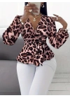 Kadın Uzun Kollu Kruvaze Yakalı Belden Kuşaklı Leopar Desenli Süprem Bluz