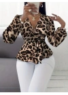 Kadın Uzun Kollu Kruvaze Yakalı Belden Kuşaklı Leopar Desenli Süprem Bluz