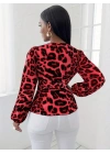 Kadın Uzun Kollu Kruvaze Yakalı Belden Kuşaklı Leopar Desenli Süprem Bluz