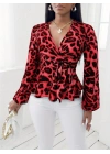 Kadın Uzun Kollu Kruvaze Yakalı Belden Kuşaklı Leopar Desenli Süprem Bluz