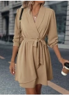 Kadın Uzun Kollu Kruvaze Yakalı Belden Kuşaklı Mini çift Katlı Ithal Krep Elbise
