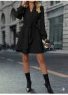 Kadın Uzun Kollu Kruvaze Yakalı Belden Kuşaklı Mini çift Katlı Ithal Krep Elbise