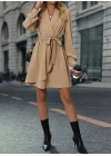 Kadın Uzun Kollu Kruvaze Yakalı Belden Kuşaklı Mini çift Katlı Ithal Krep Elbise