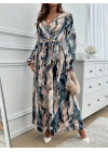 Kadın Uzun Kollu Kruvaze Yakalı Beli Kuşaklı Desenli Süprem Maxi Elbise