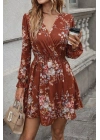 Kadın Uzun Kollu Kruvaze Yakalı çiçek Desenli Mini Süprem Elbise