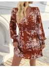 Kadın Uzun Kollu Kruvaze Yakalı çiçek Desenli Mini Süprem Elbise