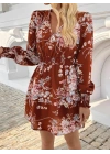 Kadın Uzun Kollu Kruvaze Yakalı çiçek Desenli Mini Süprem Elbise
