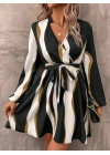 Kadın Uzun Kollu Kruvaze Yakalı Desenli Modal Mini Elbise