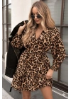 Kadın Uzun Kollu Kruvaze Yakalı Fırfırlı Belden Kuşaklı Leopar Desen Modal Elbise