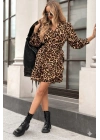 Kadın Uzun Kollu Kruvaze Yakalı Fırfırlı Belden Kuşaklı Leopar Desen Modal Elbise