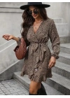 Kadın Uzun Kollu Kruvaze Yakalı Kuşaklı Desenli Kısa Modal Mini Elbise