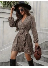 Kadın Uzun Kollu Kruvaze Yakalı Kuşaklı Desenli Kısa Modal Mini Elbise