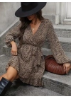 Kadın Uzun Kollu Kruvaze Yakalı Kuşaklı Desenli Kısa Modal Mini Elbise