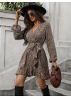 Kadın Uzun Kollu Kruvaze Yakalı Kuşaklı Desenli Kısa Modal Mini Elbise