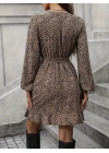 Kadın Uzun Kollu Kruvaze Yakalı Kuşaklı Desenli Kısa Modal Mini Elbise