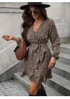Kadın Uzun Kollu Kruvaze Yakalı Kuşaklı Desenli Kısa Modal Mini Elbise