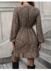 Kadın Uzun Kollu Kruvaze Yakalı Kuşaklı Desenli Kısa Modal Mini Elbise