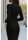Kadın Uzun Kollu Kruvaze Yakalı Mini Ithal Krep Elbise
