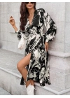 Kadın Uzun Kollu Kruvaze Yakalı Yandan Bağlamalı Desenli Mini Modal Elbise