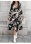 Kadın Uzun Kollu Kruvaze Yakalı Yandan Bağlamalı Desenli Mini Modal Elbise