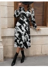 Kadın Uzun Kollu Kruvaze Yakalı Yandan Bağlamalı Desenli Mini Modal Elbise