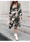 Kadın Uzun Kollu Kruvaze Yakalı Yandan Bağlamalı Desenli Mini Modal Elbise