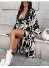 Kadın Uzun Kollu Kruvaze Yakalı Yandan Bağlamalı Desenli Mini Modal Elbise