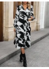 Kadın Uzun Kollu Kruvaze Yakalı Yandan Bağlamalı Desenli Mini Modal Elbise