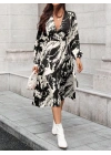 Kadın Uzun Kollu Kruvaze Yakalı Yandan Bağlamalı Desenli Mini Modal Elbise