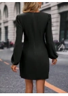 Kadın Uzun Kollu Kruvaze Yakalı Yanlardan Büzgü Detaylı Ithal Krep Kısa Elbise