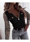 Kadın Uzun Kollu Leopar Desenli Fermuarlı önden Cep Ve Düğme Detaylı Kaşkorse Bluz