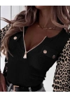 Kadın Uzun Kollu Leopar Desenli Fermuarlı önden Cep Ve Düğme Detaylı Kaşkorse Bluz