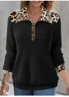 Kadın Uzun Kollu Leopar Yakalı Fermuarlı Waffle Bluz