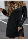 Kadın Uzun Kollu Omuzdan Açık Leopar Desenli Viskon Iki Iplik Mini Elbise