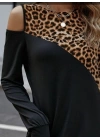 Kadın Uzun Kollu Omuzdan Açık Leopar Desenli Viskon Iki Iplik Mini Elbise