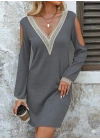 Kadın Uzun Kollu Omuzdan Açık V Dantel Yakalı Mini Waffle Elbise