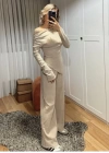Kadın Uzun Kollu Omuzlardan Açık Asimetrik Kesim Kaşkorse Bluz Ve Pantolon Ikili Pantolon
