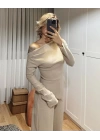 Kadın Uzun Kollu Omuzlardan Açık Asimetrik Kesim Kaşkorse Bluz Ve Pantolon Ikili Pantolon