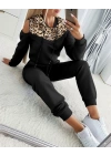 Kadın Uzun Kollu Omuzlardan Açık Leopar Desenli Kapşonlu Viskon Iki Iplik Bluz Ve Pantolon Ikili Takım