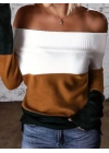 Kadın Uzun Kollu Omuzlardan Açık Uzun Kollu Blok çizgili Triko Bluz