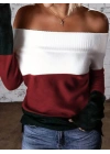 Kadın Uzun Kollu Omuzlardan Açık Uzun Kollu Blok çizgili Triko Bluz