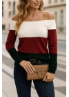 Kadın Uzun Kollu Omuzlardan Açık Uzun Kollu Blok çizgili Triko Bluz