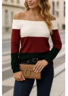 Kadın Uzun Kollu Omuzlardan Açık Uzun Kollu Blok çizgili Triko Bluz